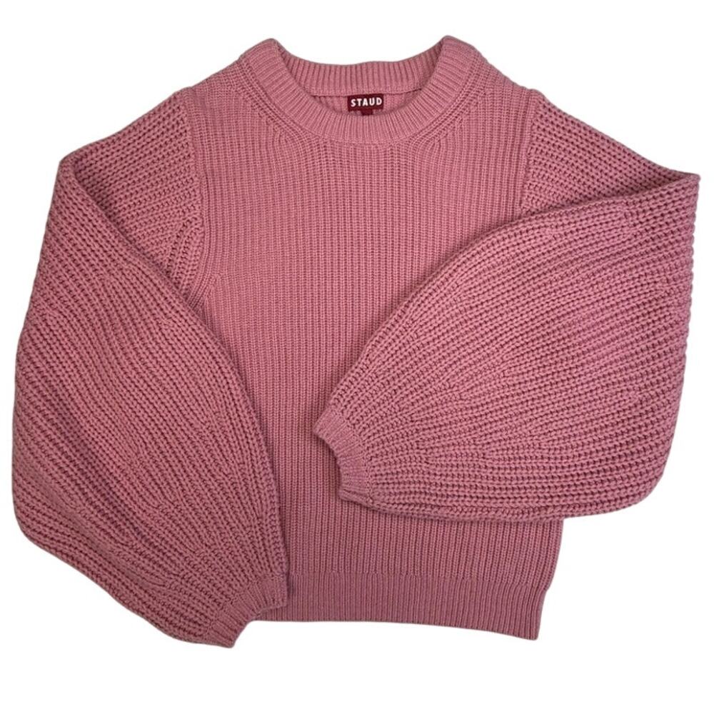 STAUD Pink Chunky Knit Sweater Balloon Sleeve Wool Blend Size L